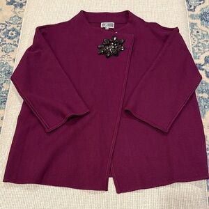 JM Collection Plum Cardigan with Gem Brooch